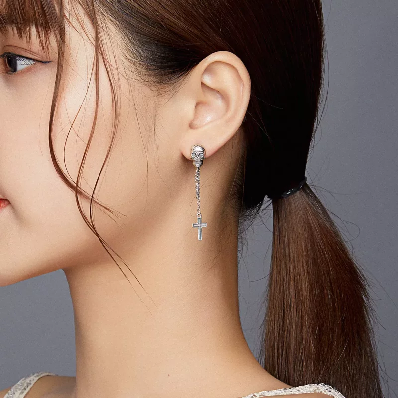 (imagen para) Pendientes colgantes de estilo Pandora con calavera y cruz de plata - BSE419 - Ver 6