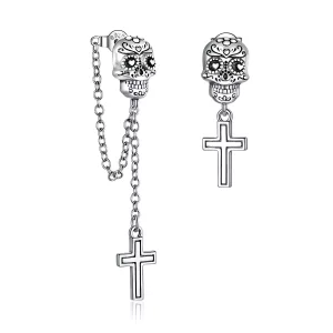 (imagen para) Pendientes colgantes de estilo Pandora con calavera y cruz de plata - BSE419