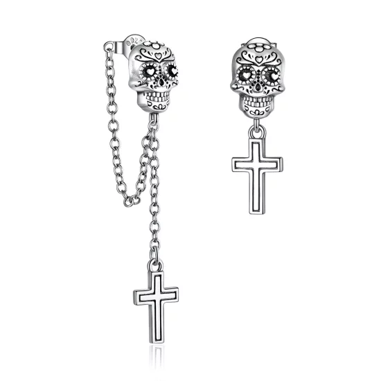 (imagen para) Pendientes colgantes de estilo Pandora con calavera y cruz de plata - BSE419