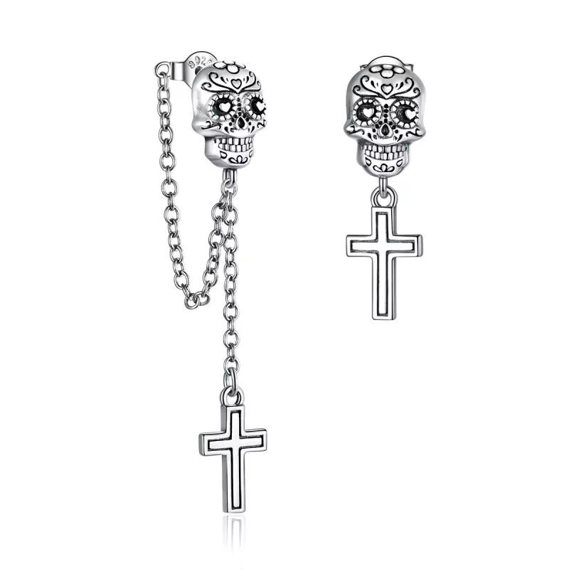 (imagen para) Pendientes colgantes de estilo Pandora con calavera y cruz de plata - BSE419