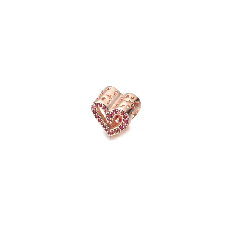 (imagen para) Pulsera PANDORA con encanto de corazón rojo rubí brillante y rosa dibujado a man - Ver 2