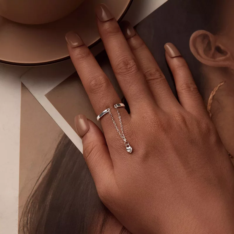 (imagen para) Anillo de cadena de doble capa con forma de corazón estilo PANDORA - SCR1004-E - Ver 5