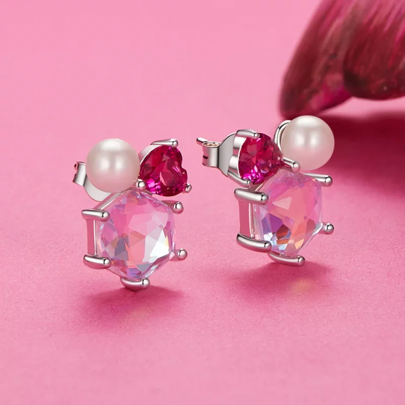 (imagen para) Pendientes de perlas brillantes rosas estilo PANDORA - SCE1697 - Ver 2