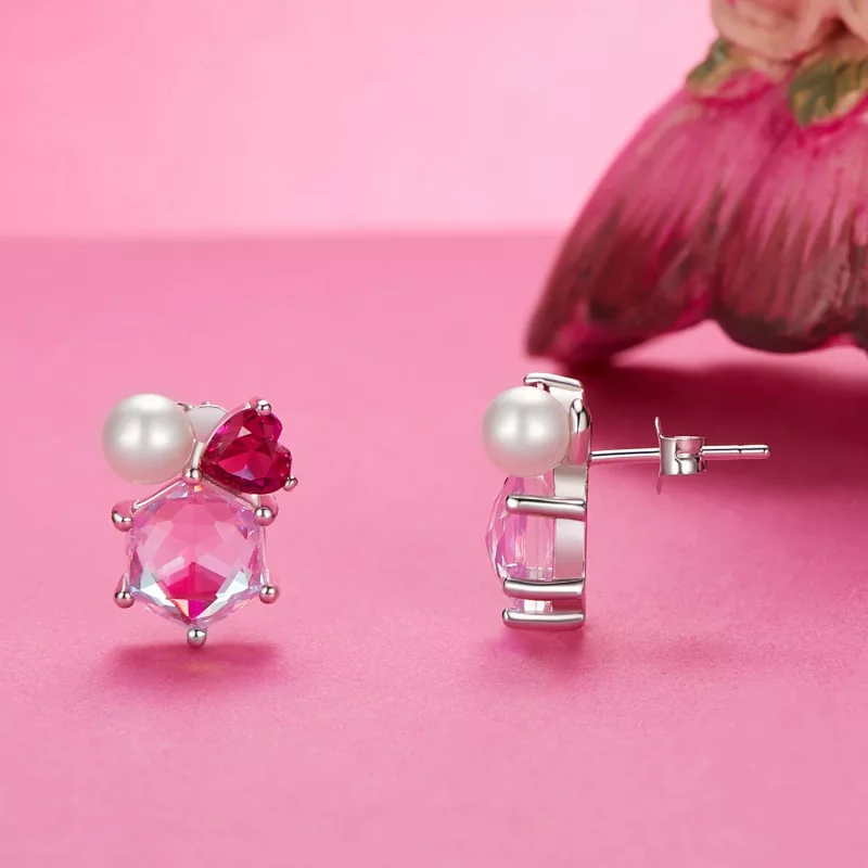 (imagen para) Pendientes de perlas brillantes rosas estilo PANDORA - SCE1697 - Ver 3