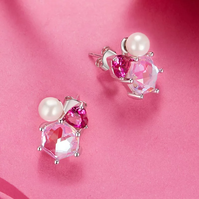 (imagen para) Pendientes de perlas brillantes rosas estilo PANDORA - SCE1697 - Ver 4