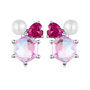 Pendientes de perlas brillantes rosas estilo PANDORA - SCE1697 (imagen para) Pendientes de perlas brillantes rosas estilo PANDORA - SCE1697