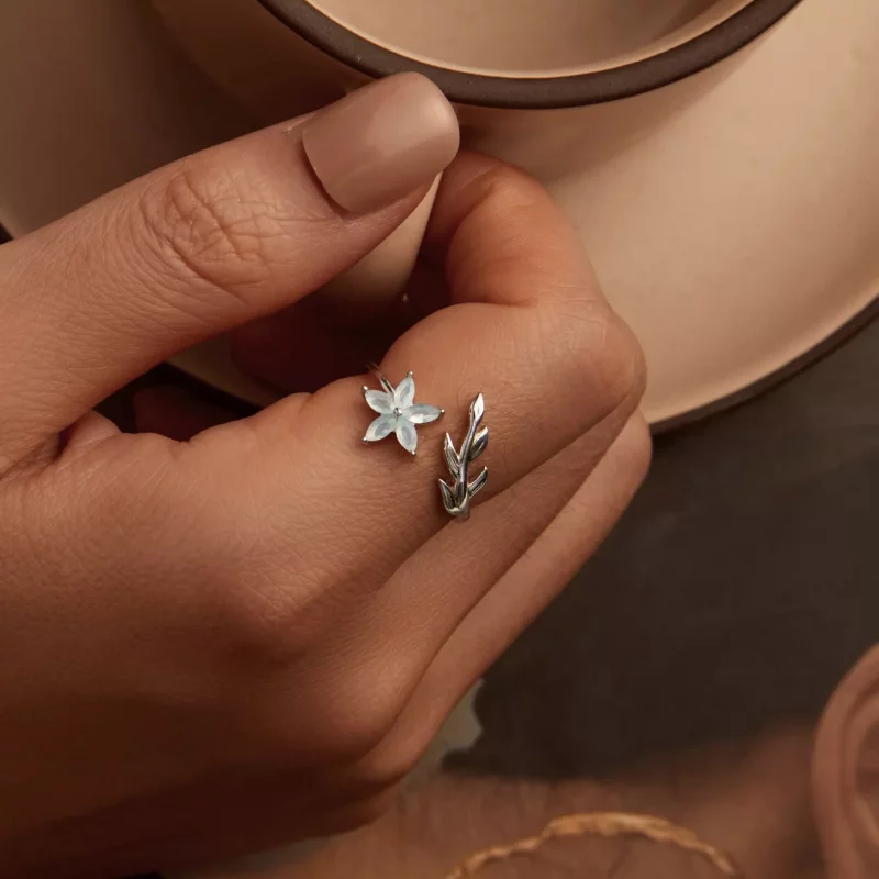 (imagen para) Anillo abierto con flor verde estilo PANDORA - BSR533-E - Ver 4