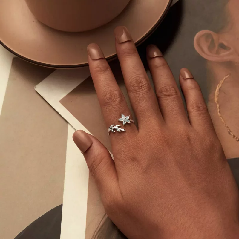 (imagen para) Anillo abierto con flor verde estilo PANDORA - BSR533-E - Ver 5