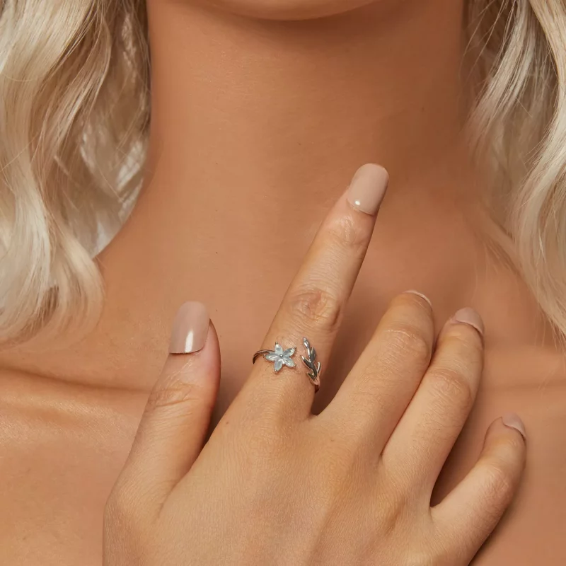 (imagen para) Anillo abierto con flor verde estilo PANDORA - BSR533-E - Ver 6