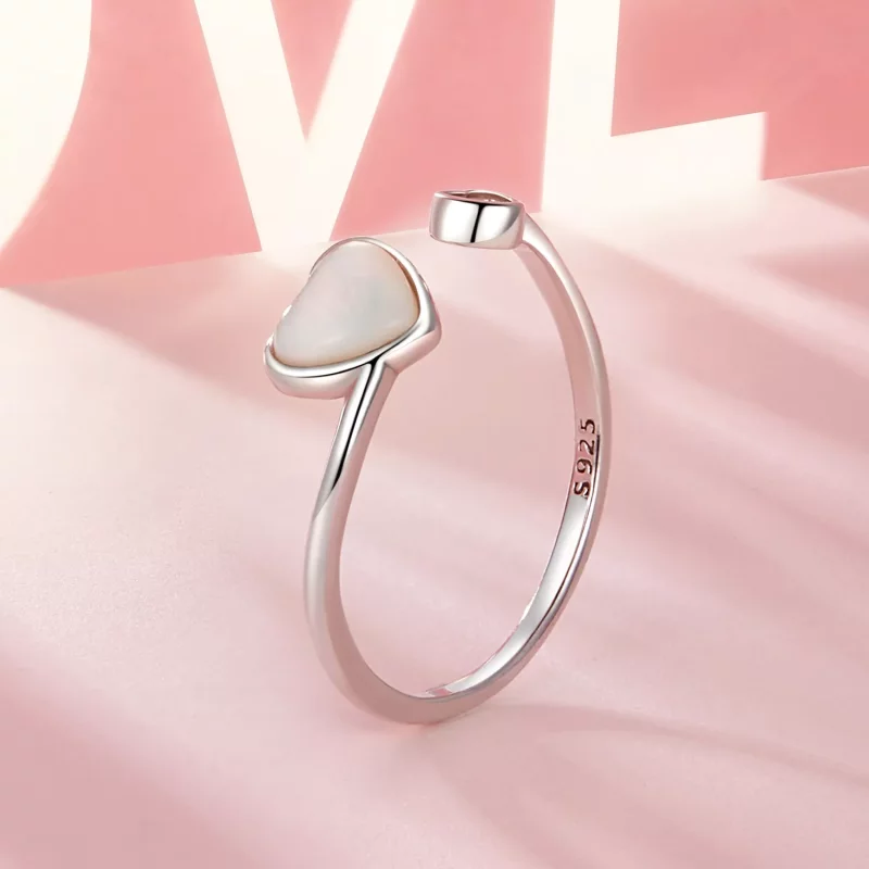 (imagen para) Anillo abierto de concha blanca con forma de corazón que late al estilo PANDORA - Ver 2