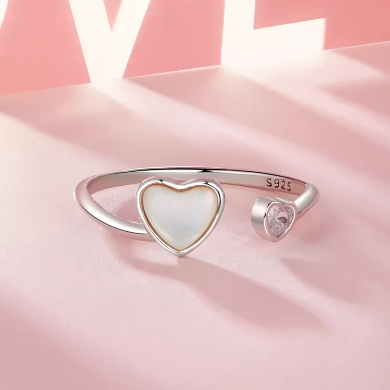 (imagen para) Anillo abierto de concha blanca con forma de corazón que late al estilo PANDORA - Ver 3