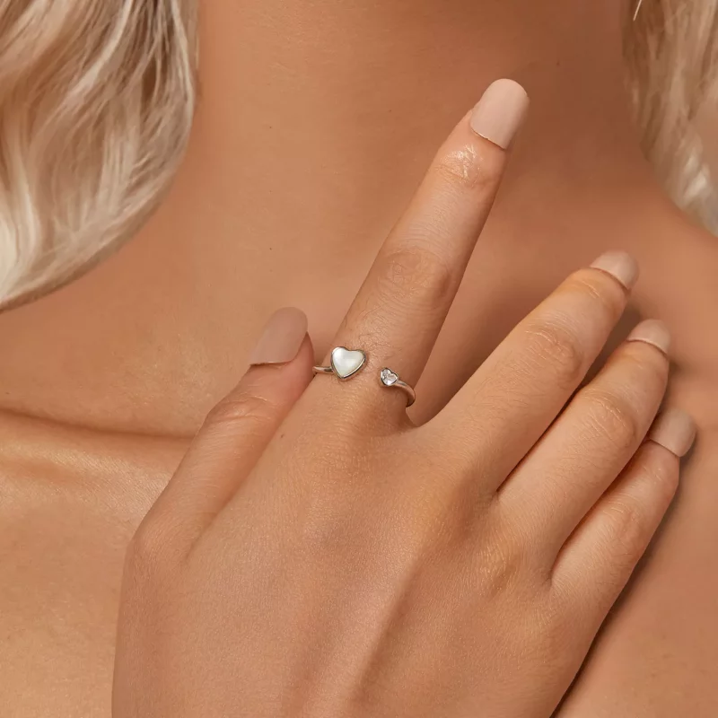 (imagen para) Anillo abierto de concha blanca con forma de corazón que late al estilo PANDORA - Ver 5