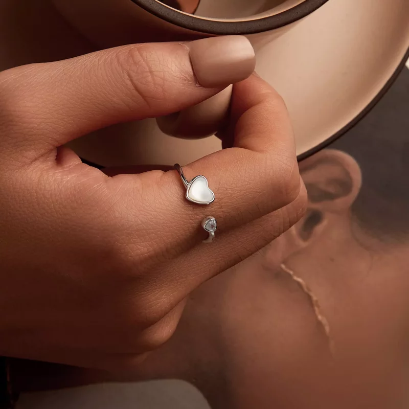 (imagen para) Anillo abierto de concha blanca con forma de corazón que late al estilo PANDORA - Ver 7