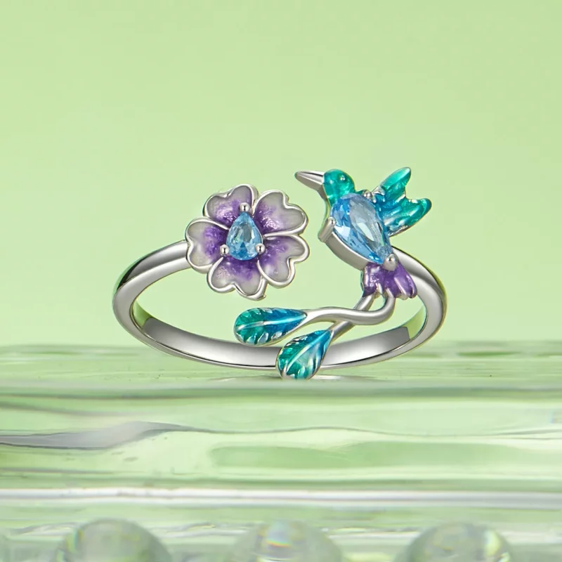 (imagen para) Anillo abierto estilo PANDORA con flores y pájaros - BSR536-E - Ver 2