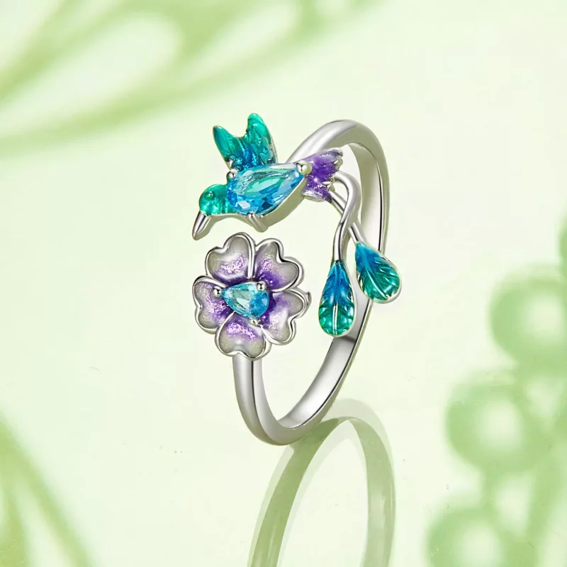 (imagen para) Anillo abierto estilo PANDORA con flores y pájaros - BSR536-E - Ver 3