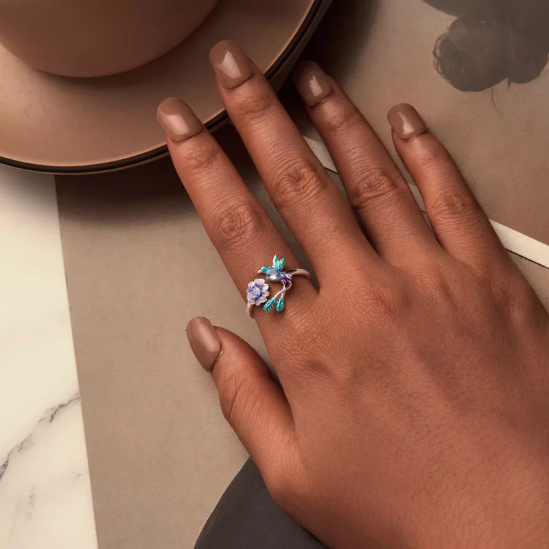 (imagen para) Anillo abierto estilo PANDORA con flores y pájaros - BSR536-E - Ver 4