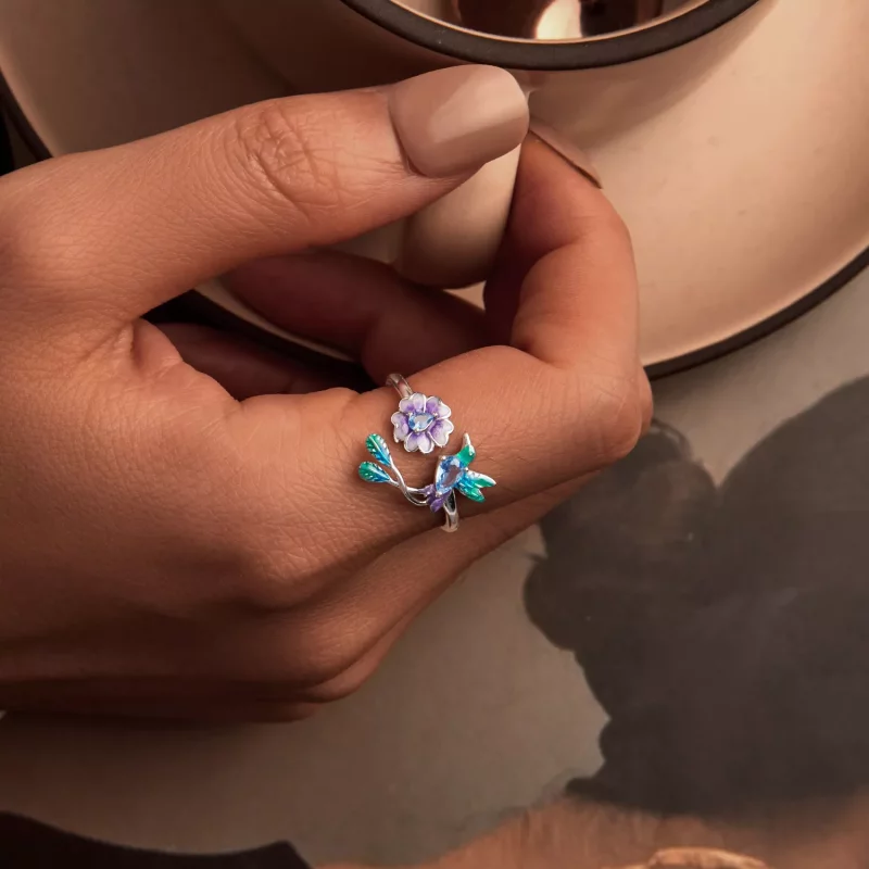 (imagen para) Anillo abierto estilo PANDORA con flores y pájaros - BSR536-E - Ver 5