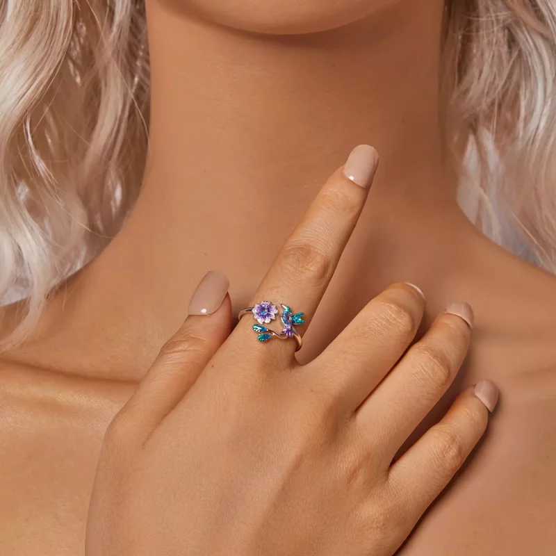 (imagen para) Anillo abierto estilo PANDORA con flores y pájaros - BSR536-E - Ver 6