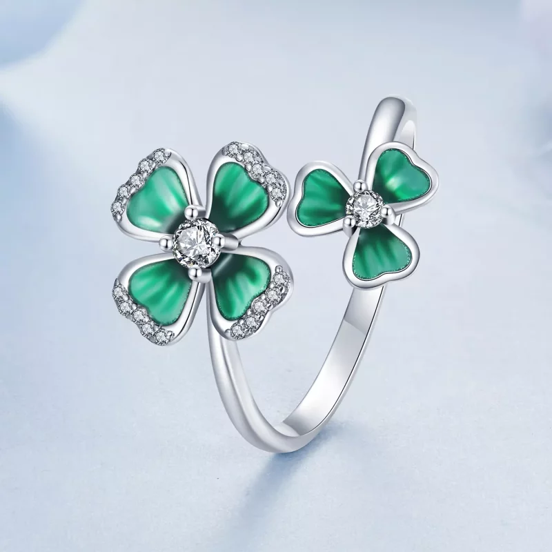 (imagen para) Anillo abierto estilo PANDORA con trébol de cuatro hojas - BSR528-E - Ver 2