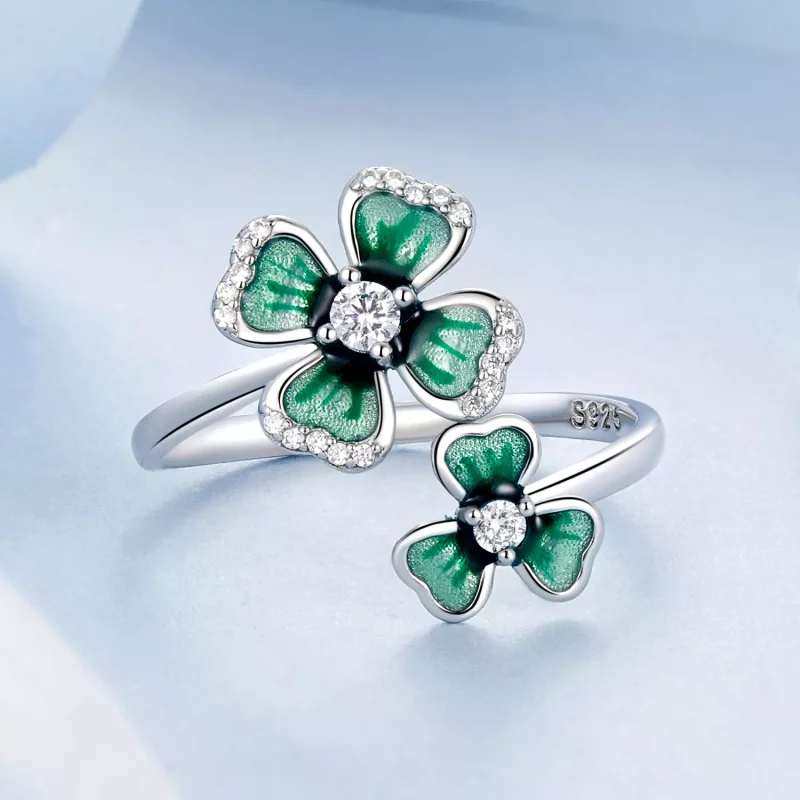 (imagen para) Anillo abierto estilo PANDORA con trébol de cuatro hojas - BSR528-E - Ver 3