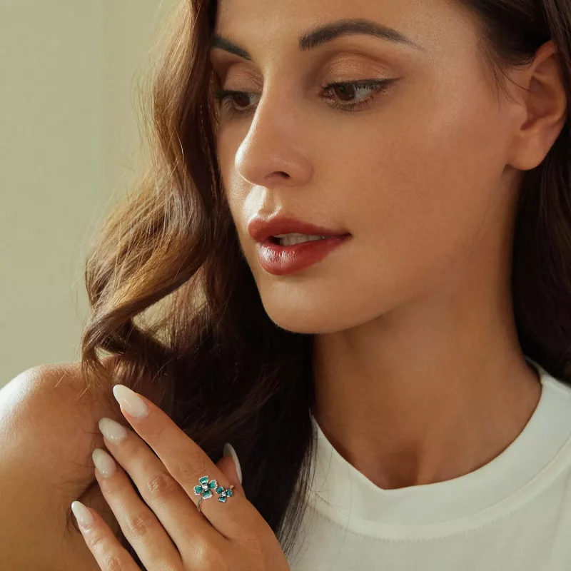 (imagen para) Anillo abierto estilo PANDORA con trébol de cuatro hojas - BSR528-E - Ver 5