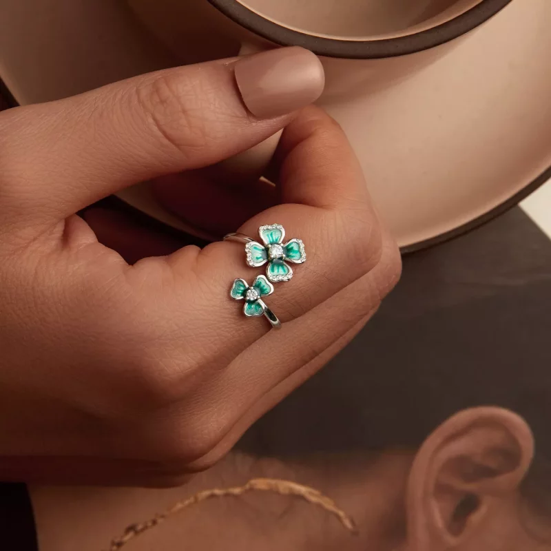 (imagen para) Anillo abierto estilo PANDORA con trébol de cuatro hojas - BSR528-E - Ver 7