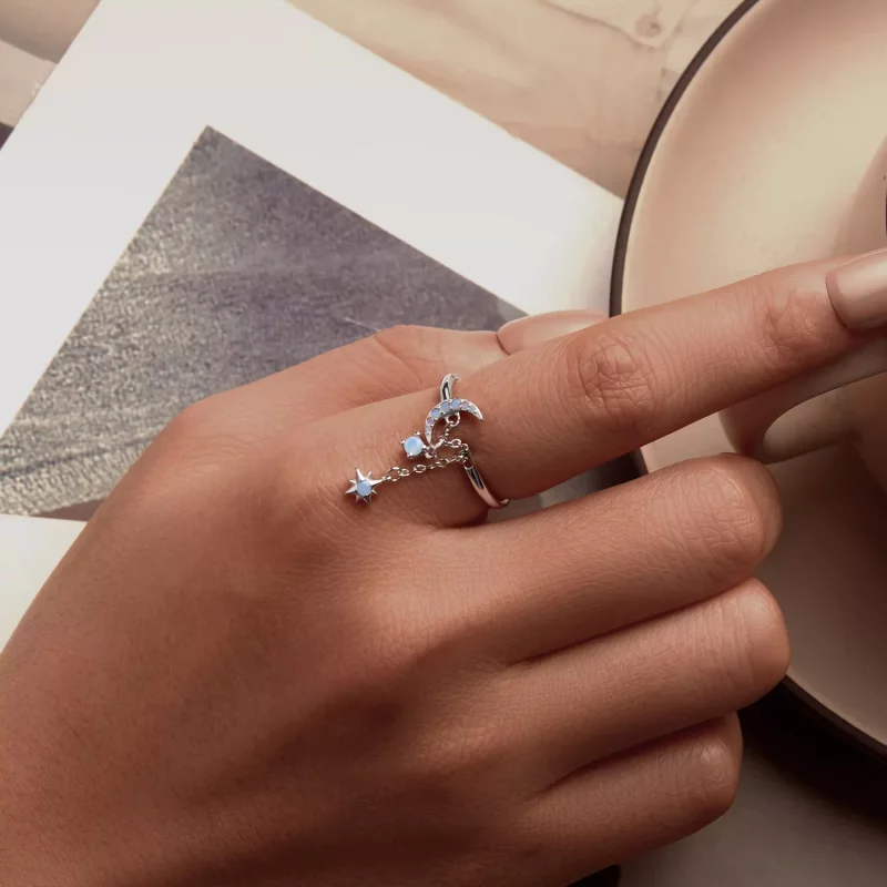 (imagen para) Anillo de cadena con estrella y luna estilo PANDORA - BSR548-E - Ver 5