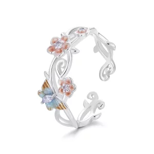 (imagen para) Anillo romántico con mariposa y diseño de Sakura en estilo PANDORA - BSR538-E
