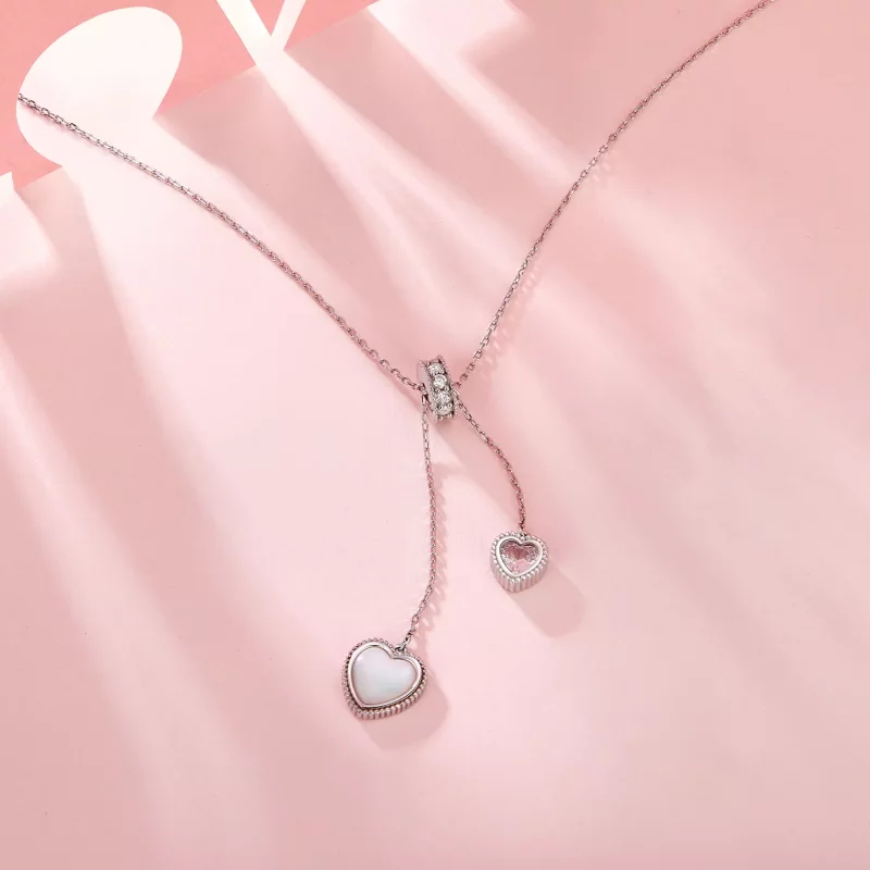 (imagen para) Cadena en forma de Y con concha blanca y corazón palpitante estilo PANDORA - BSN - Ver 2