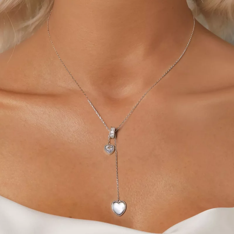 (imagen para) Cadena en forma de Y con concha blanca y corazón palpitante estilo PANDORA - BSN - Ver 5