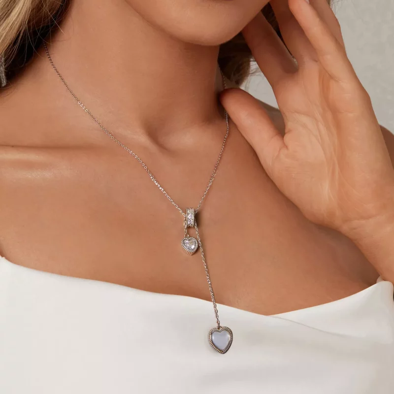(imagen para) Cadena en forma de Y con concha blanca y corazón palpitante estilo PANDORA - BSN - Ver 7