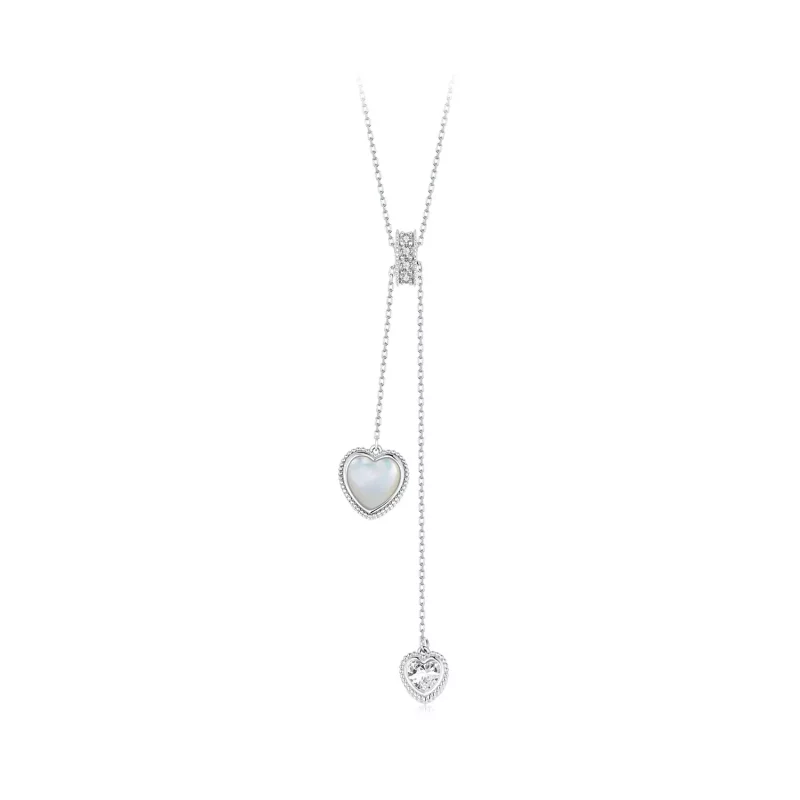 (imagen para) Cadena en forma de Y con concha blanca y corazón palpitante estilo PANDORA - BSN372