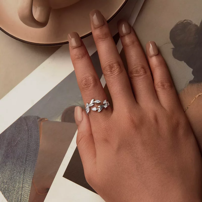 (imagen para) Anillo abierto envolvente con forma de hoja estilo PANDORA - BSR552-E - Ver 4