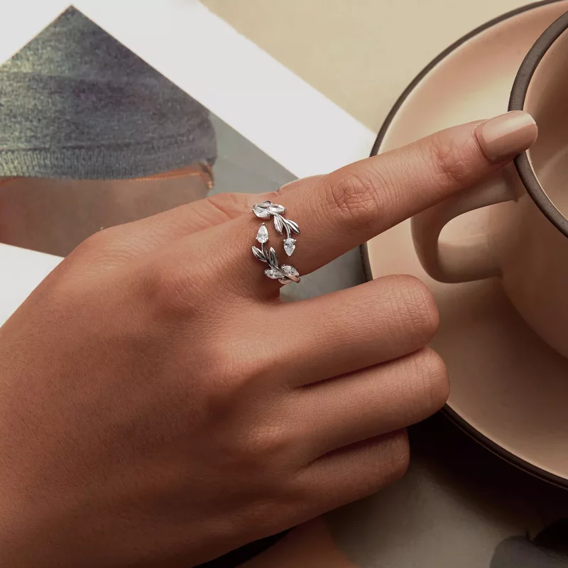(imagen para) Anillo abierto envolvente con forma de hoja estilo PANDORA - BSR552-E - Ver 5
