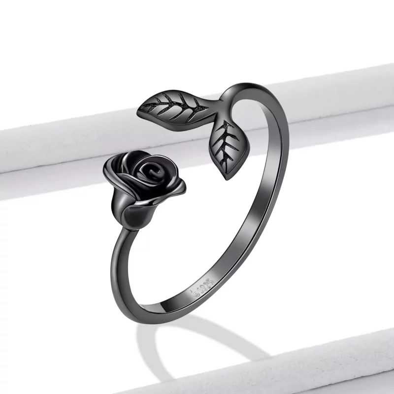 (imagen para) Anillo abierto estilo PANDORA con rosa negra - BSR239 - Ver 2