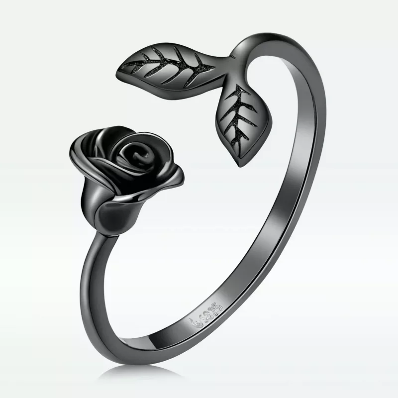 (imagen para) Anillo abierto estilo PANDORA con rosa negra - BSR239 - Ver 3