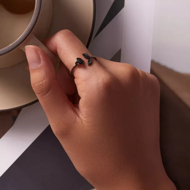 (imagen para) Anillo abierto estilo PANDORA con rosa negra - BSR239 - Ver 6