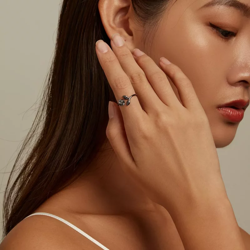 (imagen para) Anillo abierto estilo PANDORA con rosa negra - BSR239 - Ver 8