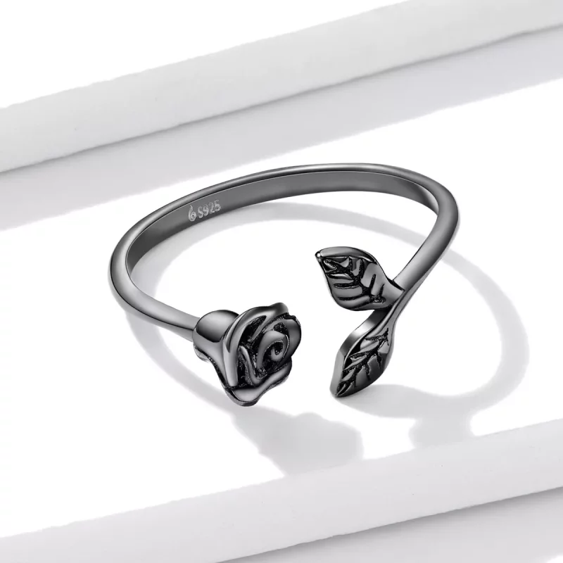 (imagen para) Anillo abierto estilo PANDORA con rosa negra - BSR239 - Ver 10