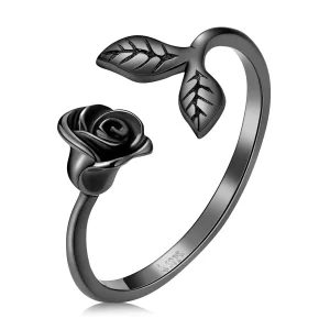 Anillo abierto estilo PANDORA con rosa negra - BSR239 (imagen para) Anillo abierto estilo PANDORA con rosa negra - BSR239
