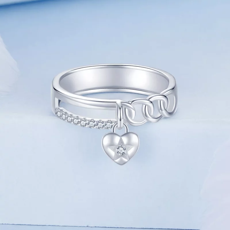 (imagen para) Anillo de cadena doble con forma de corazón estilo PANDORA - BSR572 - Ver 3