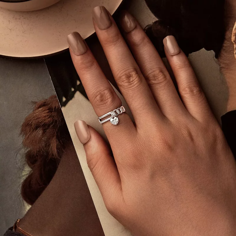 (imagen para) Anillo de cadena doble con forma de corazón estilo PANDORA - BSR572 - Ver 4