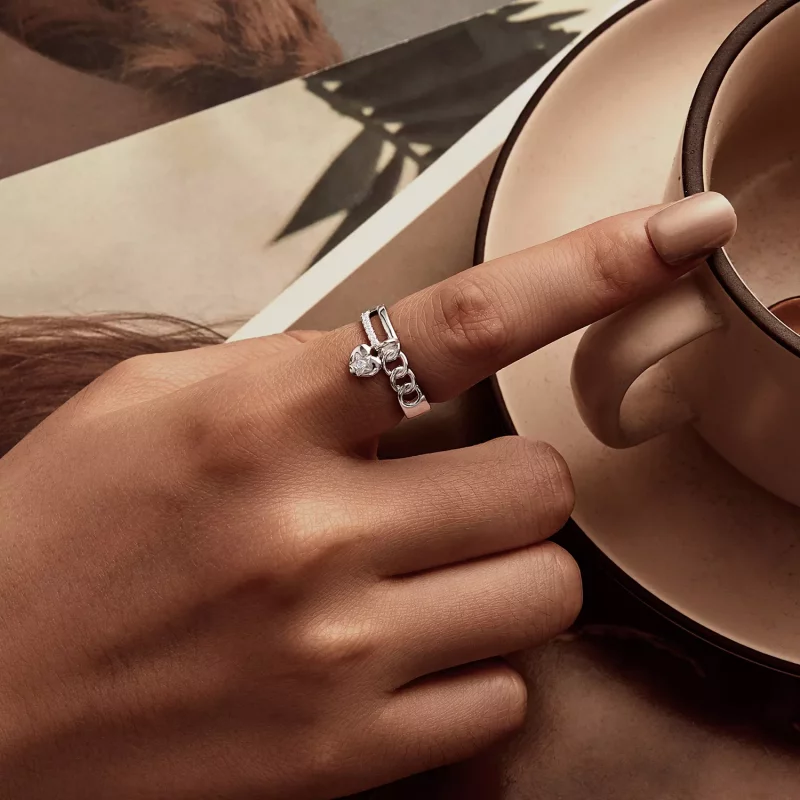 (imagen para) Anillo de cadena doble con forma de corazón estilo PANDORA - BSR572 - Ver 5