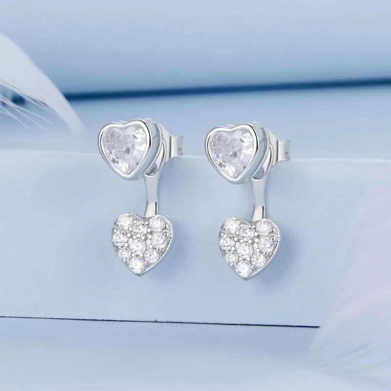 (imagen para) Pendientes con forma de corazón en la parte delantera y trasera estilo PANDORA - - Ver 2