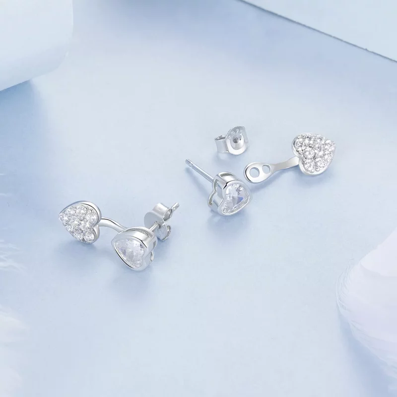 (imagen para) Pendientes con forma de corazón en la parte delantera y trasera estilo PANDORA - - Ver 4