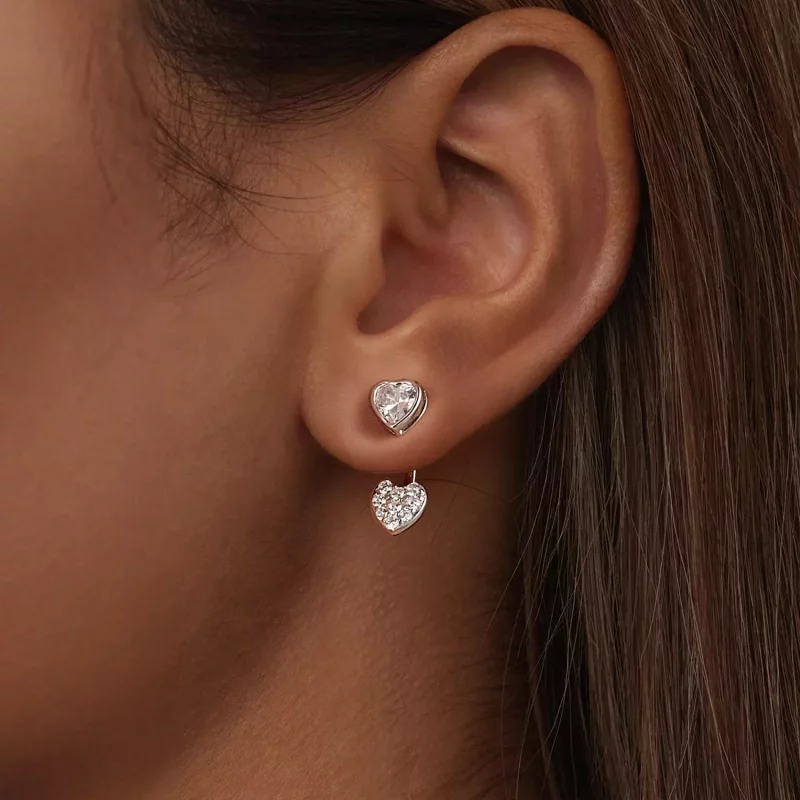 (imagen para) Pendientes con forma de corazón en la parte delantera y trasera estilo PANDORA - - Ver 6