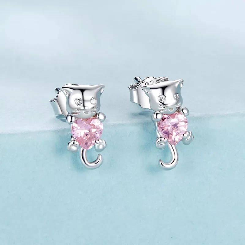 (imagen para) Pendientes con forma de gato y corazón estilo PANDORA - SCE1773 - Ver 2