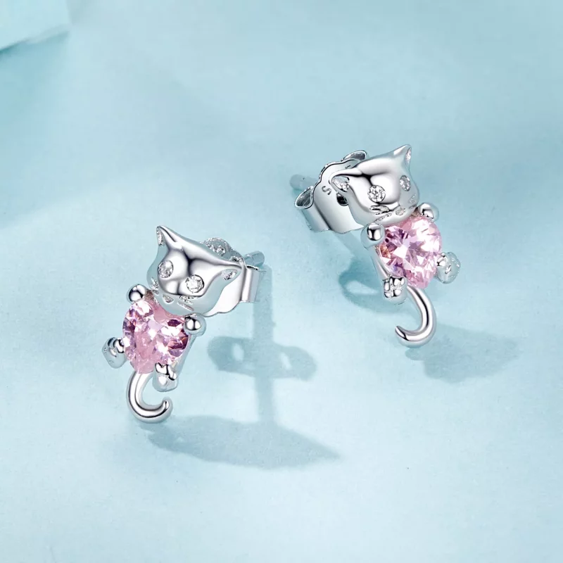 (imagen para) Pendientes con forma de gato y corazón estilo PANDORA - SCE1773 - Ver 3