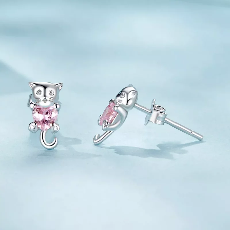 (imagen para) Pendientes con forma de gato y corazón estilo PANDORA - SCE1773 - Ver 4