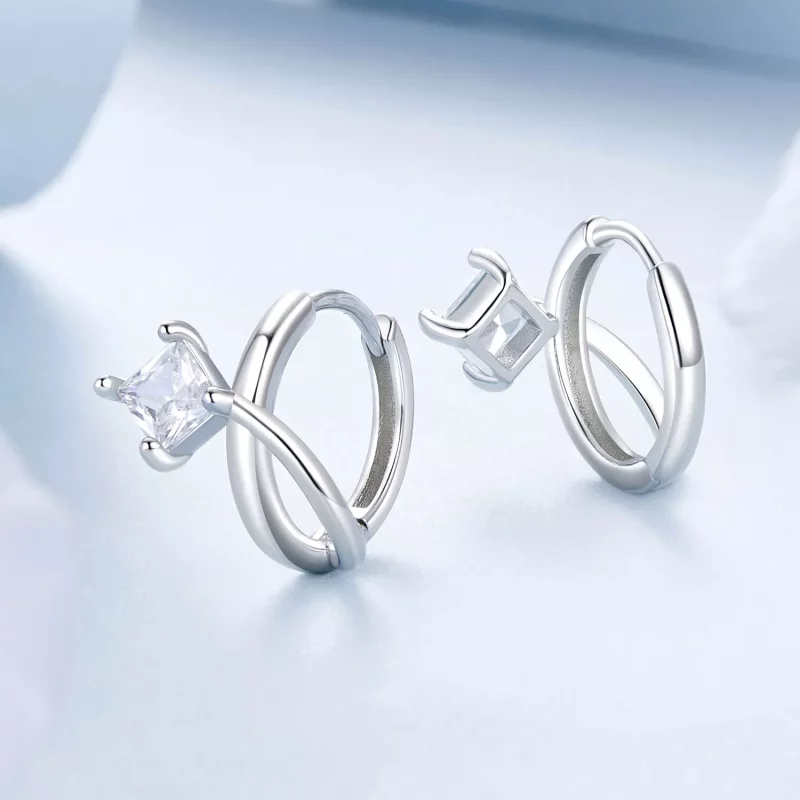 (imagen para) Pendientes de clip de doble capa con circonitas cuadradas estilo PANDORA - BSE10 - Ver 3